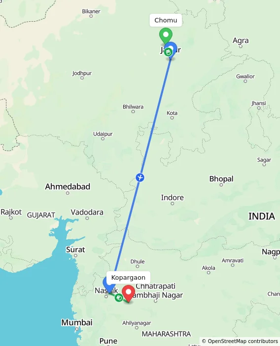 Route map showing distance and travel time from Chomu, India to Kopargaon, India