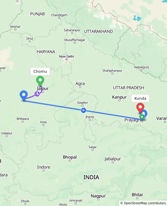 Route map showing distance and travel time from Chomu, India to Kunda, India