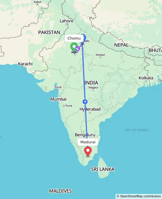 Route map showing distance and travel time from Chomu, India to Madurai, India