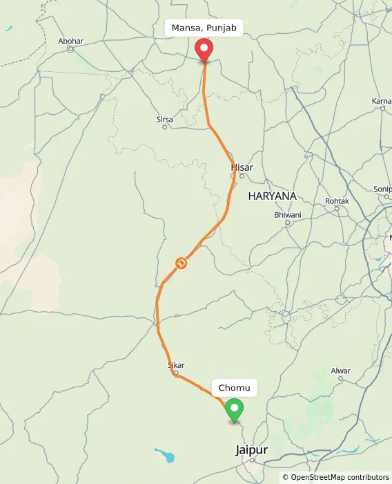Route map showing distance and travel time from Chomu, India to Mansa, Punjab, India