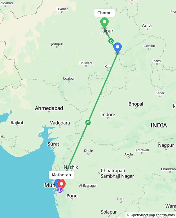 Route map showing distance and travel time from Chomu, India to Matheran, India