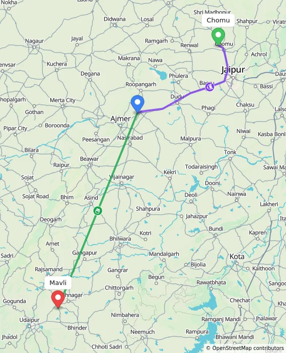 Route map showing distance and travel time from Chomu, India to Mavli, India
