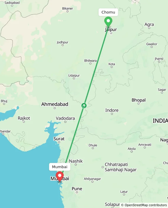 Route map showing distance and travel time from Chomu, India to Mumbai, India