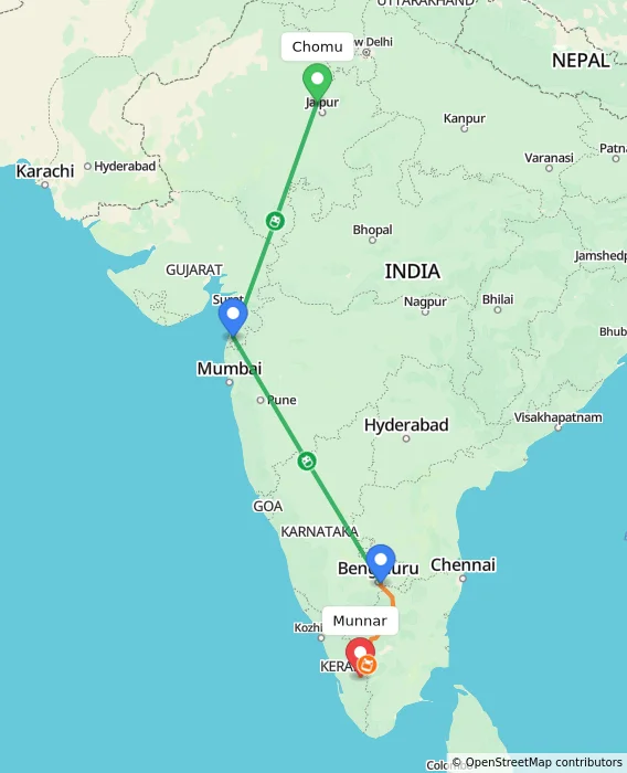 Route map showing distance and travel time from Chomu, India to Munnar, India