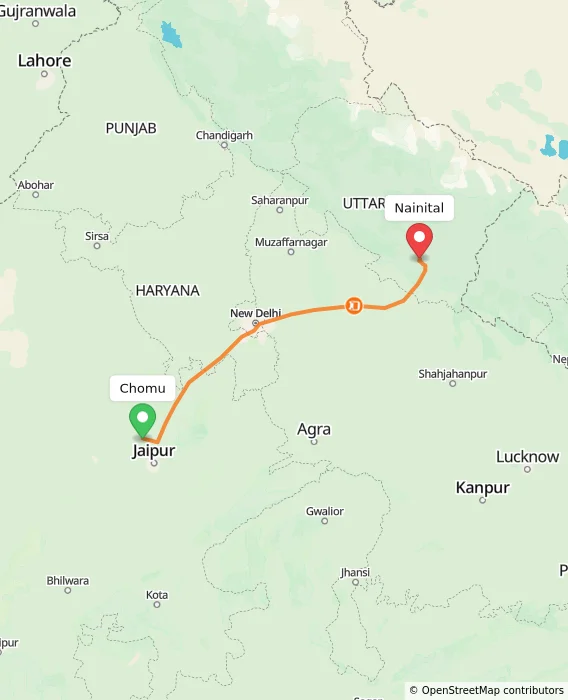 Route map showing distance and travel time from Chomu, India to Nainital, India