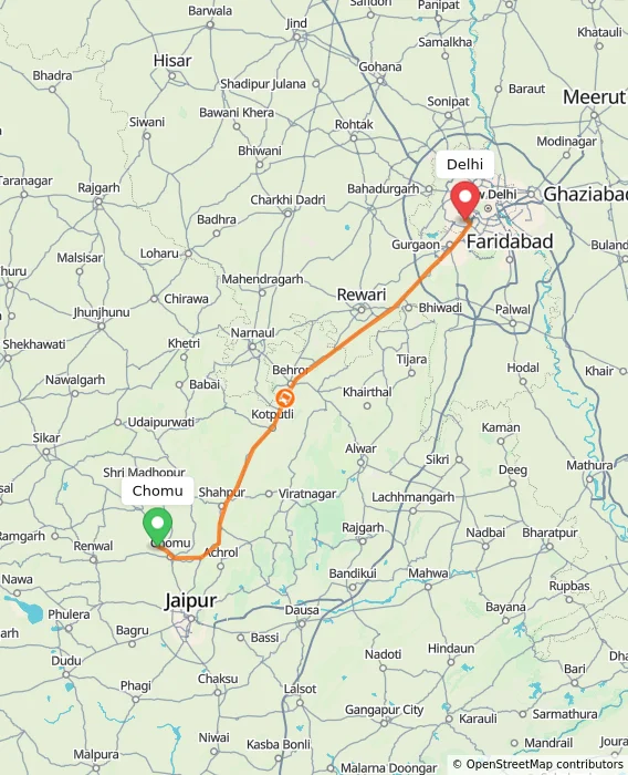 Route map showing distance and travel time from Chomu, India to Delhi, India