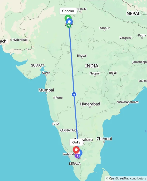 Route map showing distance and travel time from Chomu, India to Ooty, India