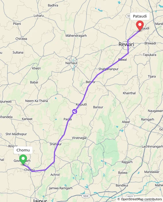 Route map showing distance and travel time from Chomu, India to Pataudi, India