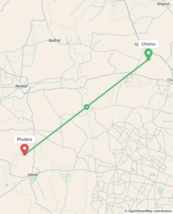 Route map showing distance and travel time from Chomu, India to Phulera, India