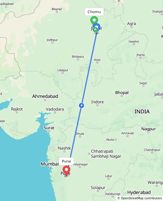 Route map showing distance and travel time from Chomu, India to Pune, India