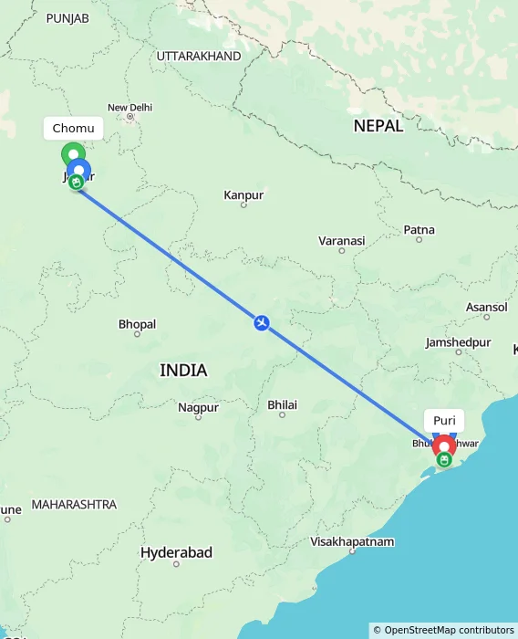 Route map showing distance and travel time from Chomu, India to Puri, India