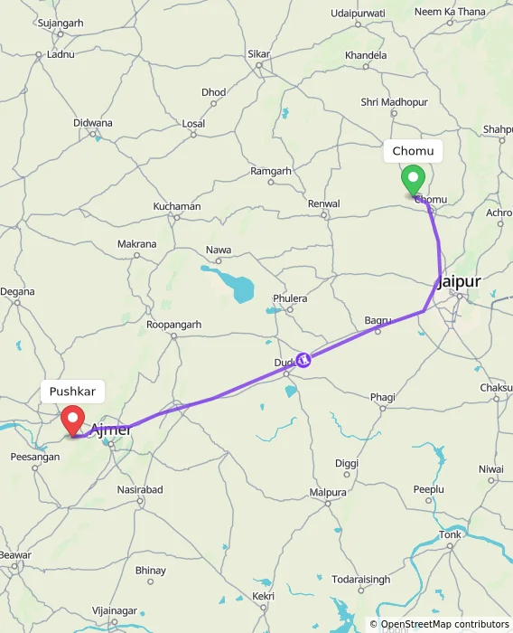 Route map showing distance and travel time from Chomu, India to Pushkar, India