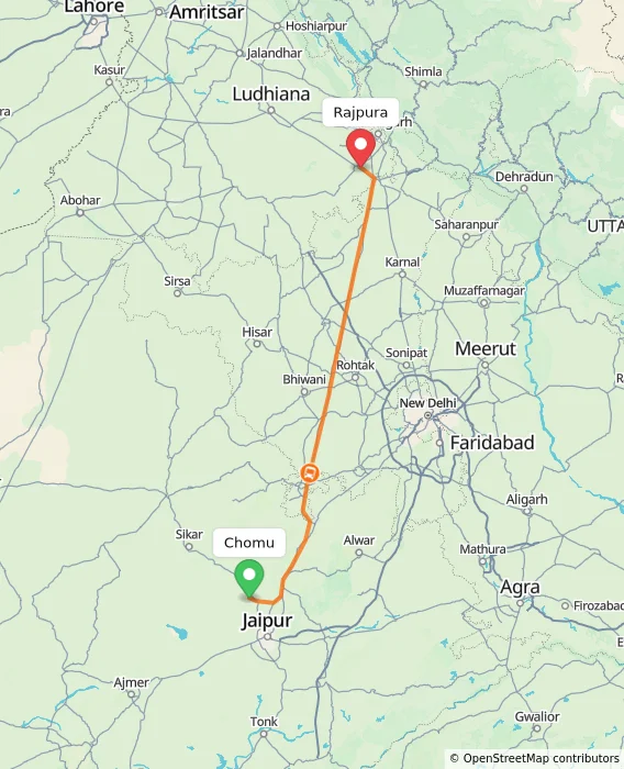 Route map showing distance and travel time from Chomu, India to Rajpura, India