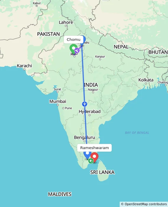 Route map showing distance and travel time from Chomu, India to Rameshwaram, India