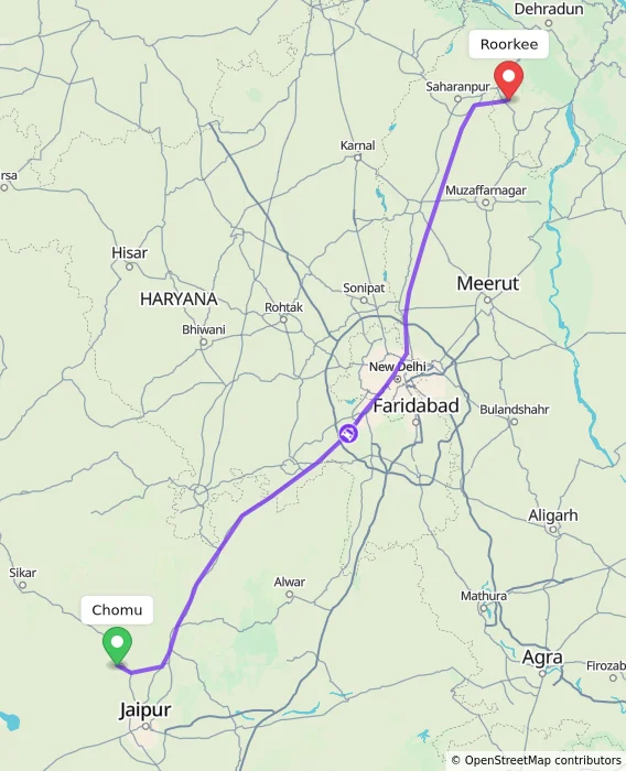 Route map showing distance and travel time from Chomu, India to Roorkee, India