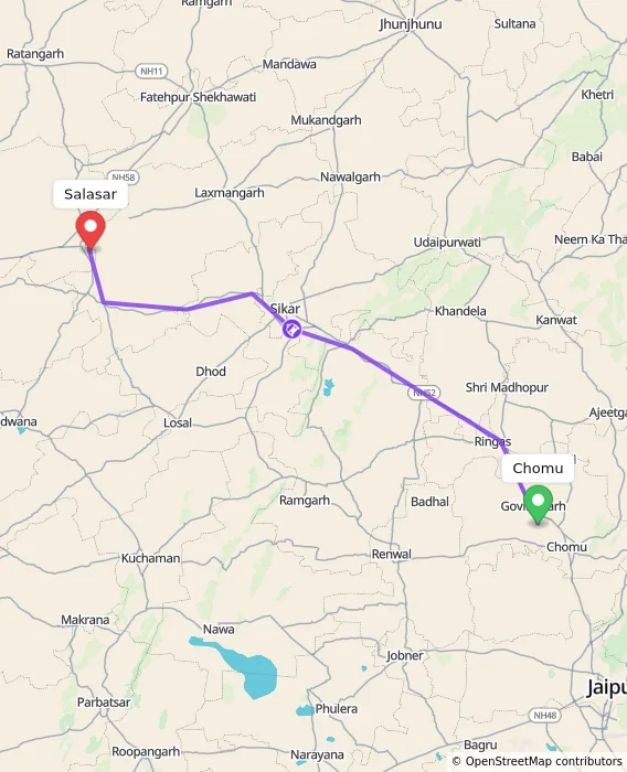 Route map showing distance and travel time from Chomu, India to Salasar, India