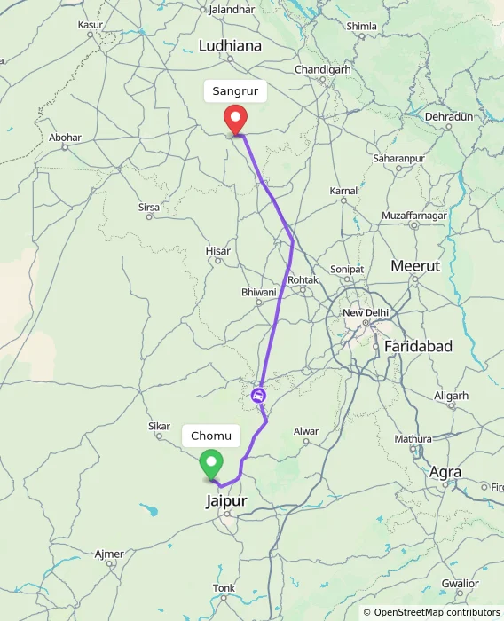 Route map showing distance and travel time from Chomu, India to Sangrur, India