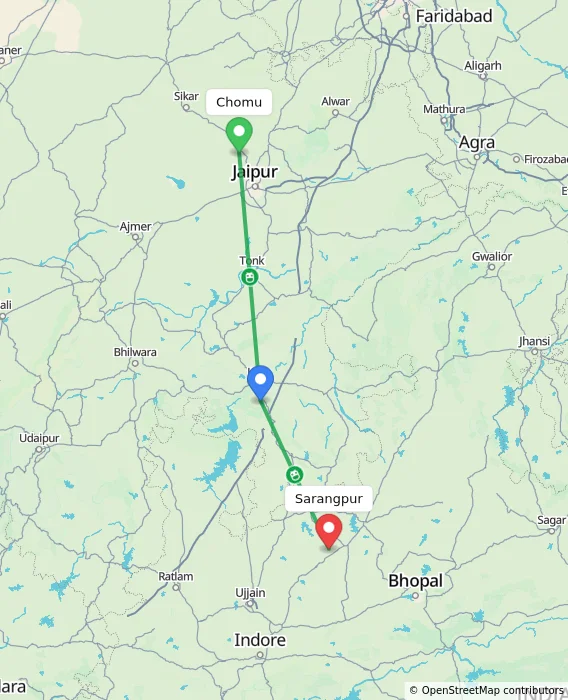 Route map showing distance and travel time from Chomu, India to Sarangpur, India