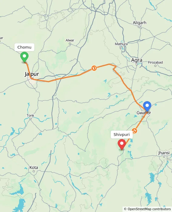 Route map showing distance and travel time from Chomu, India to Shivpuri, India