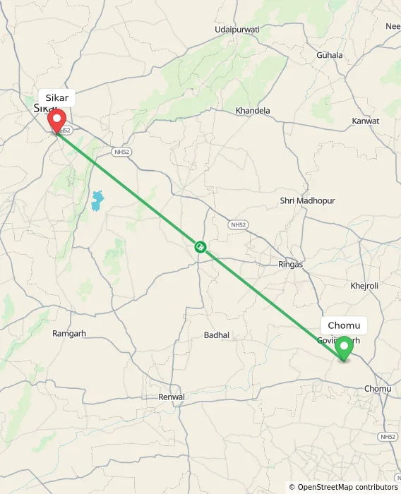 Route map showing distance and travel time from Chomu, India to Sikar, India