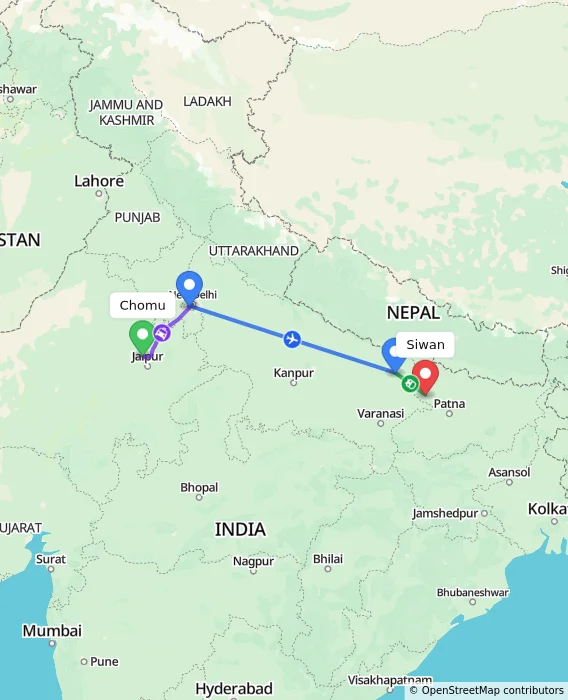 Route map showing distance and travel time from Chomu, India to Siwan, India