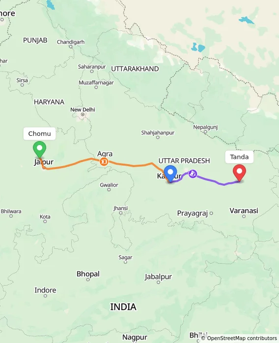 Route map showing distance and travel time from Chomu, India to Tanda, India