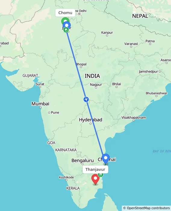 Route map showing distance and travel time from Chomu, India to Thanjavur, India