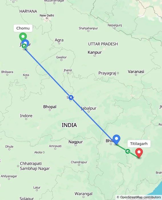 Route map showing distance and travel time from Chomu, India to Titilagarh, India