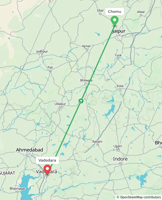 Route map showing distance and travel time from Chomu, India to Vadodara, India