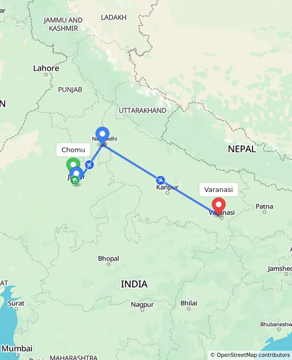 Route map showing distance and travel time from Chomu, India to Varanasi, India