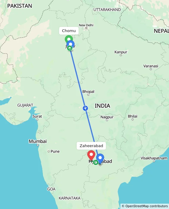 Route map showing distance and travel time from Chomu, India to Zaheerabad, India