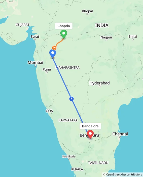 Route map showing distance and travel time from Chopda, India to Bangalore, India