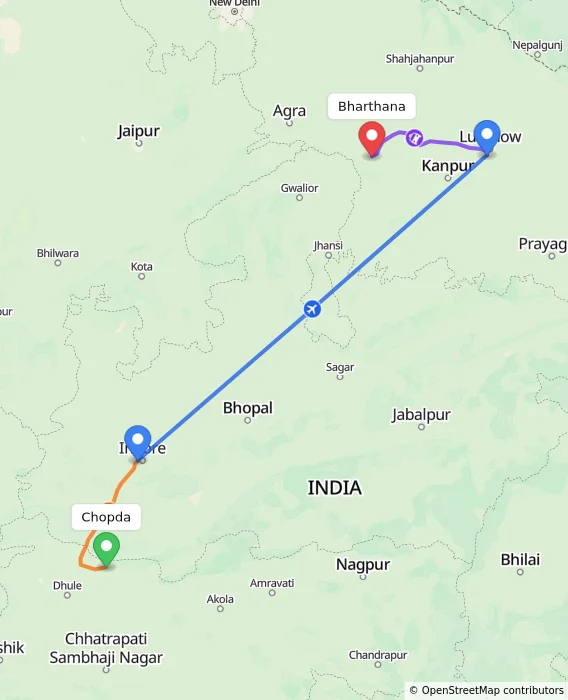 Route map showing distance and travel time from Chopda, India to Bharthana, India
