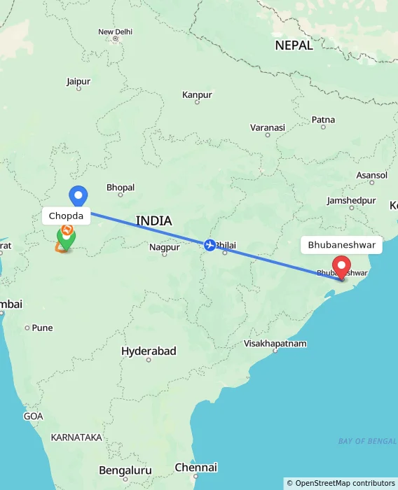 Route map showing distance and travel time from Chopda, India to Bhubaneshwar, India