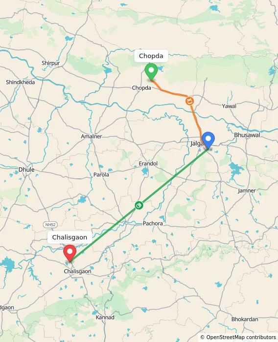 Route map showing distance and travel time from Chopda, India to Chalisgaon, India