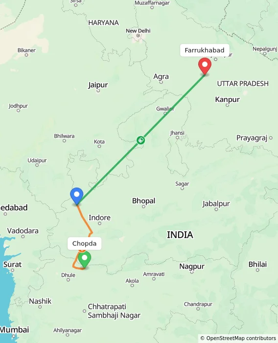 Route map showing distance and travel time from Chopda, India to Farrukhabad, India