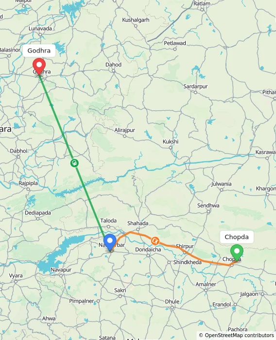Route map showing distance and travel time from Chopda, India to Godhra, India