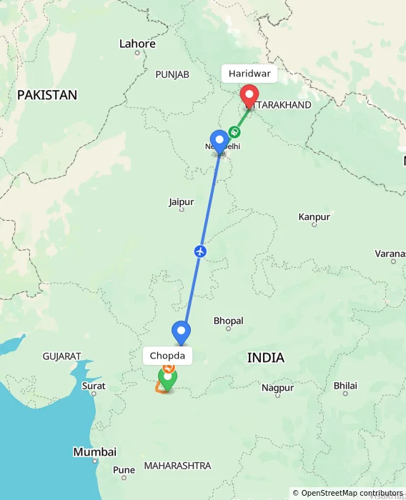 Route map showing distance and travel time from Chopda, India to Haridwar, India