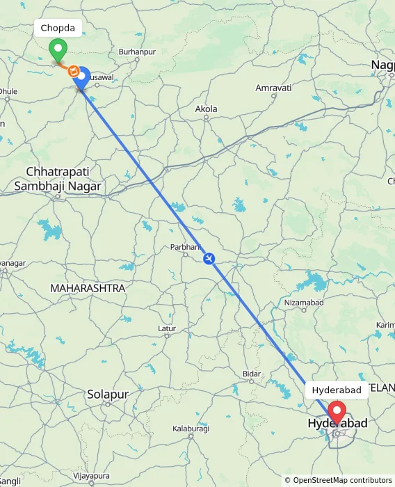 Route map showing distance and travel time from Chopda, India to Hyderabad, India