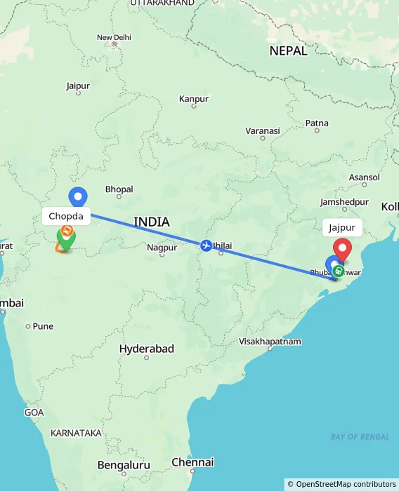 Route map showing distance and travel time from Chopda, India to Jajpur, India
