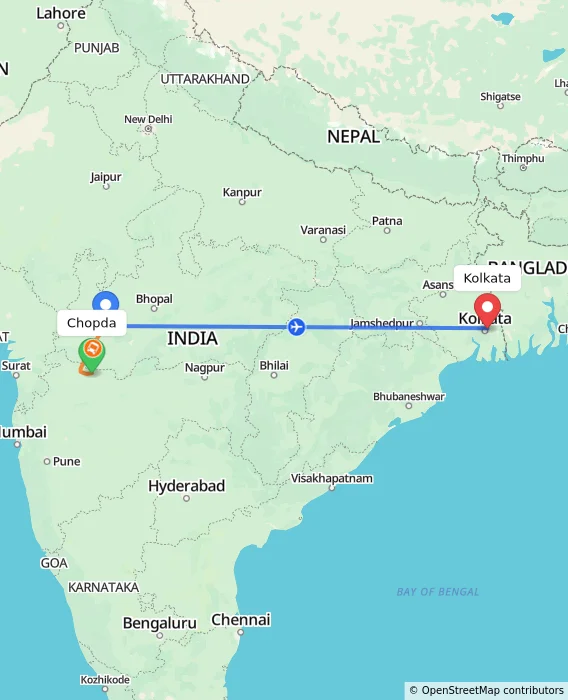 Route map showing distance and travel time from Chopda, India to Kolkata, India
