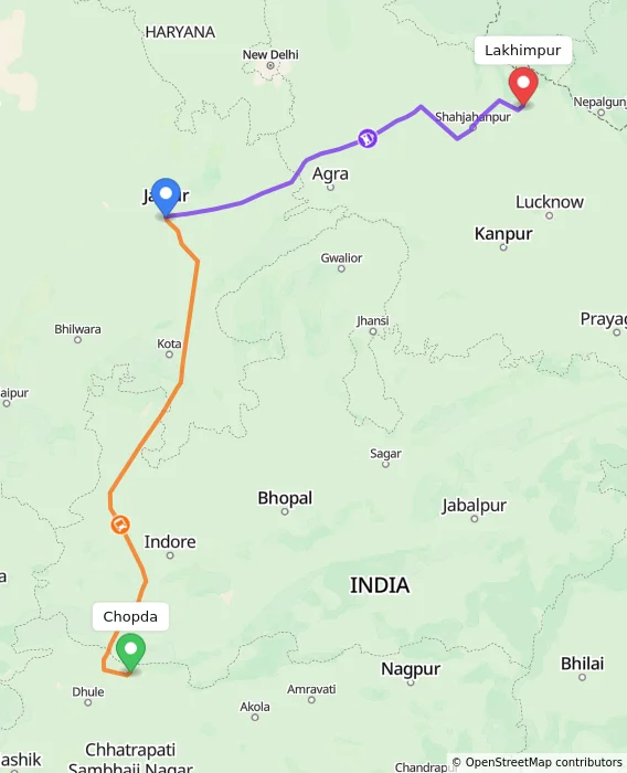 Route map showing distance and travel time from Chopda, India to Lakhimpur, India