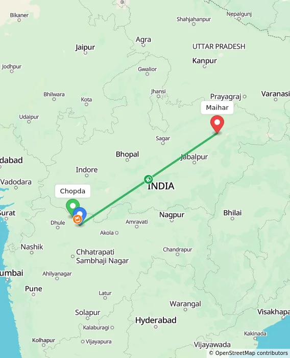 Route map showing distance and travel time from Chopda, India to Maihar, India