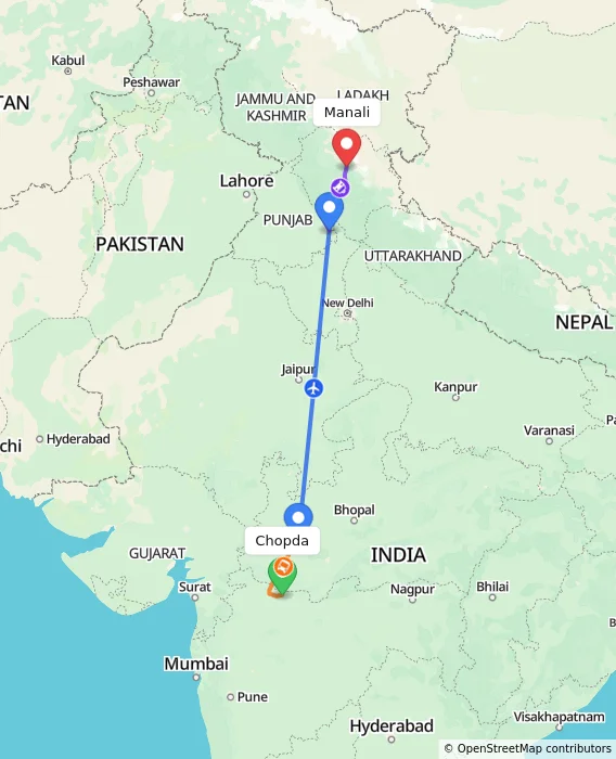 Route map showing distance and travel time from Chopda, India to Manali, India