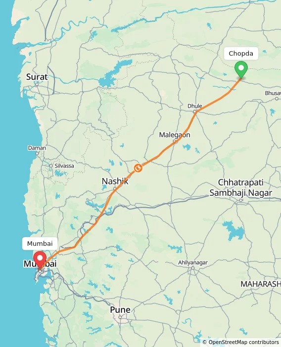 Route map showing distance and travel time from Chopda, India to Mumbai, India