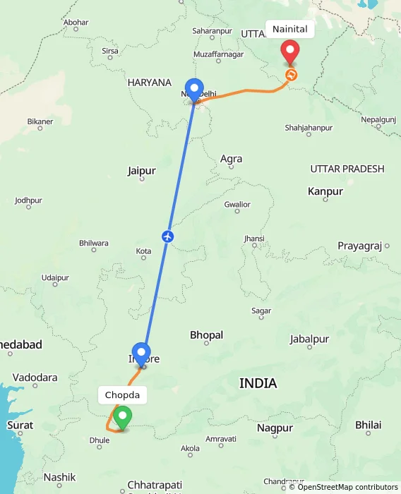 Route map showing distance and travel time from Chopda, India to Nainital, India