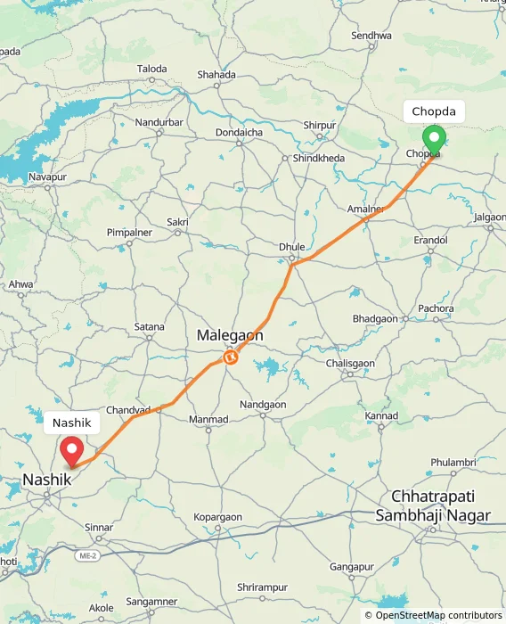 Route map showing distance and travel time from Chopda, India to Nashik, India