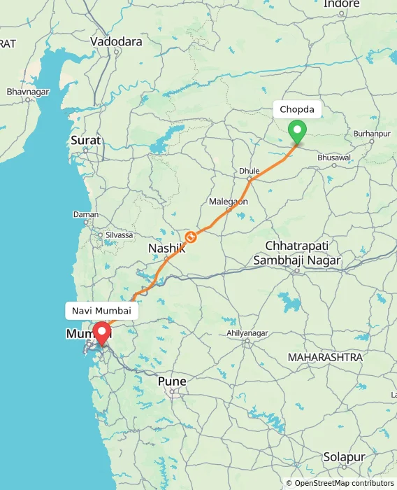 Route map showing distance and travel time from Chopda, India to Navi Mumbai, India