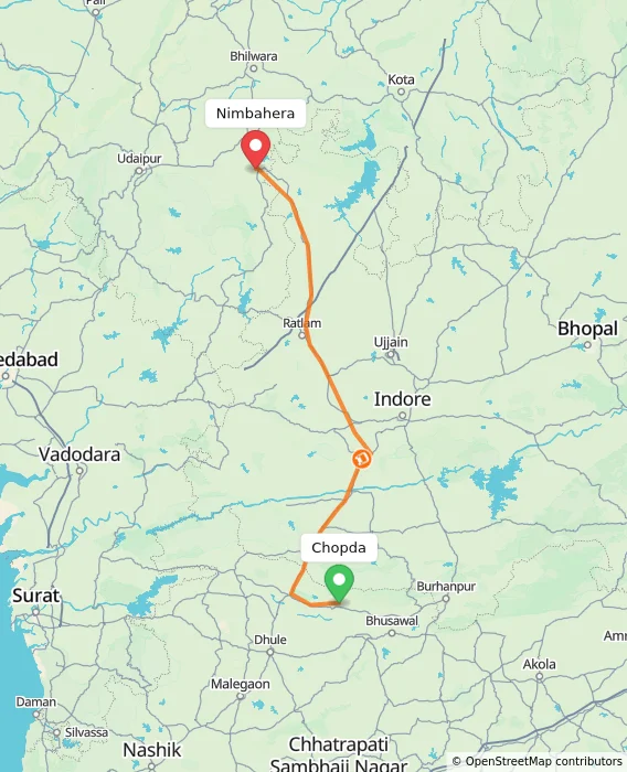 Route map showing distance and travel time from Chopda, India to Nimbahera, India