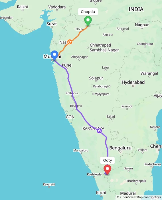 Route map showing distance and travel time from Chopda, India to Ooty, India